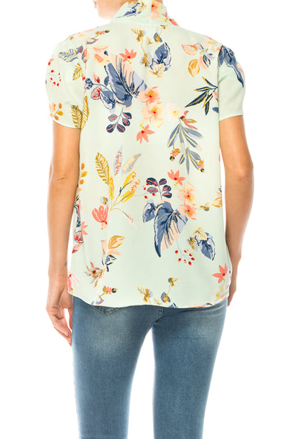 Women's Floral Print Overlapping Short Sleeve Top with Front Tie Collar