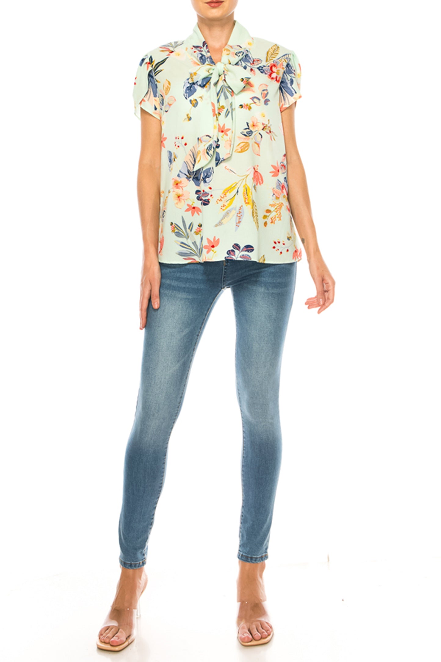 Women's Floral Print Overlapping Short Sleeve Top with Front Tie Collar