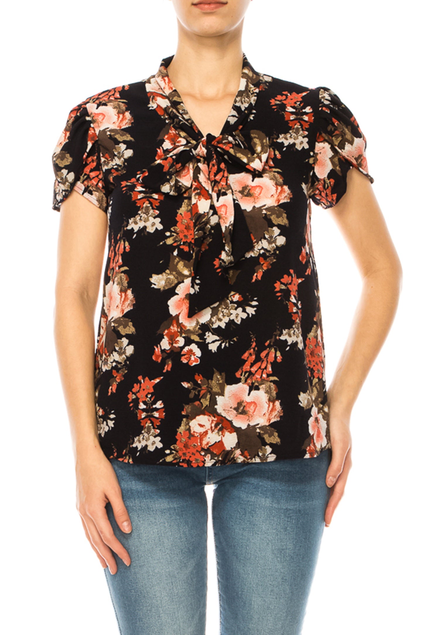 Women's Floral Print Overlapping Short Sleeve Top with Front Tie Collar