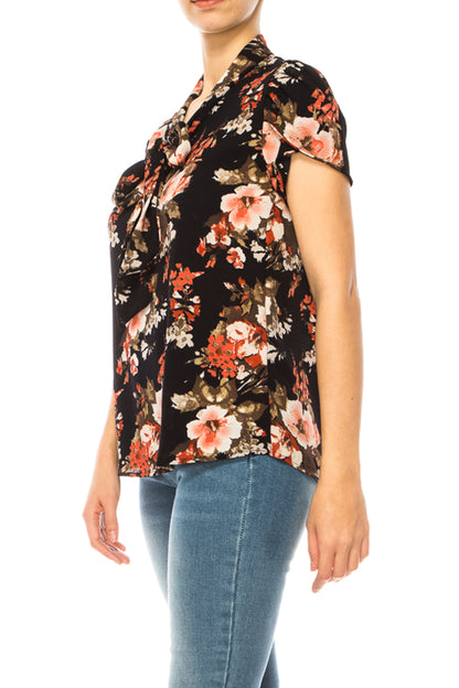 Women's Floral Print Overlapping Short Sleeve Top with Front Tie Collar