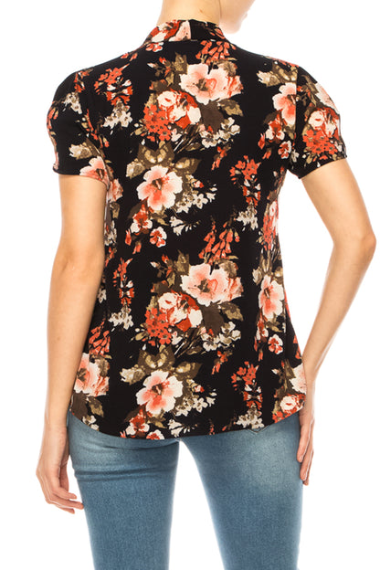 Women's Floral Print Overlapping Short Sleeve Top with Front Tie Collar