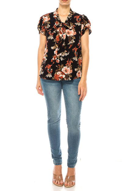 Women's Floral Print Overlapping Short Sleeve Top with Front Tie Collar