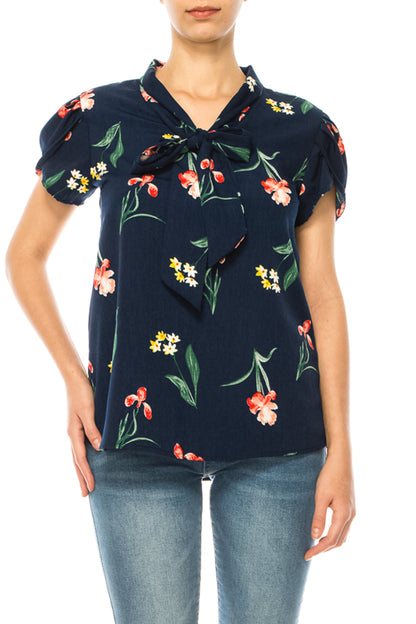 Women's Floral Print Overlapping Short Sleeve Top with Front Tie Collar