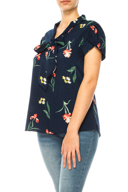 Women's Floral Print Overlapping Short Sleeve Top with Front Tie Collar