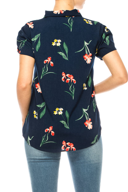 Women's Floral Print Overlapping Short Sleeve Top with Front Tie Collar