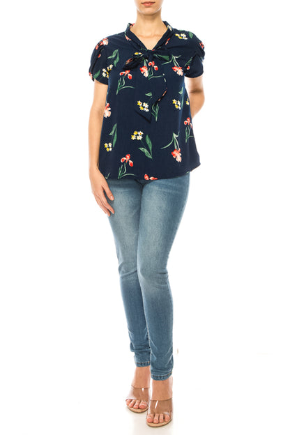 Women's Floral Print Overlapping Short Sleeve Top with Front Tie Collar