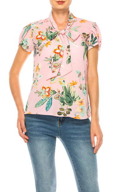 Women's Floral Print Overlapping Short Sleeve Top with Front Tie Collar