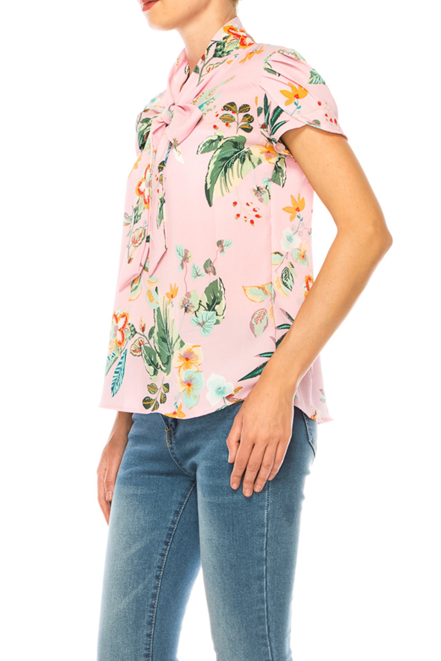 Women's Floral Print Overlapping Short Sleeve Top with Front Tie Collar