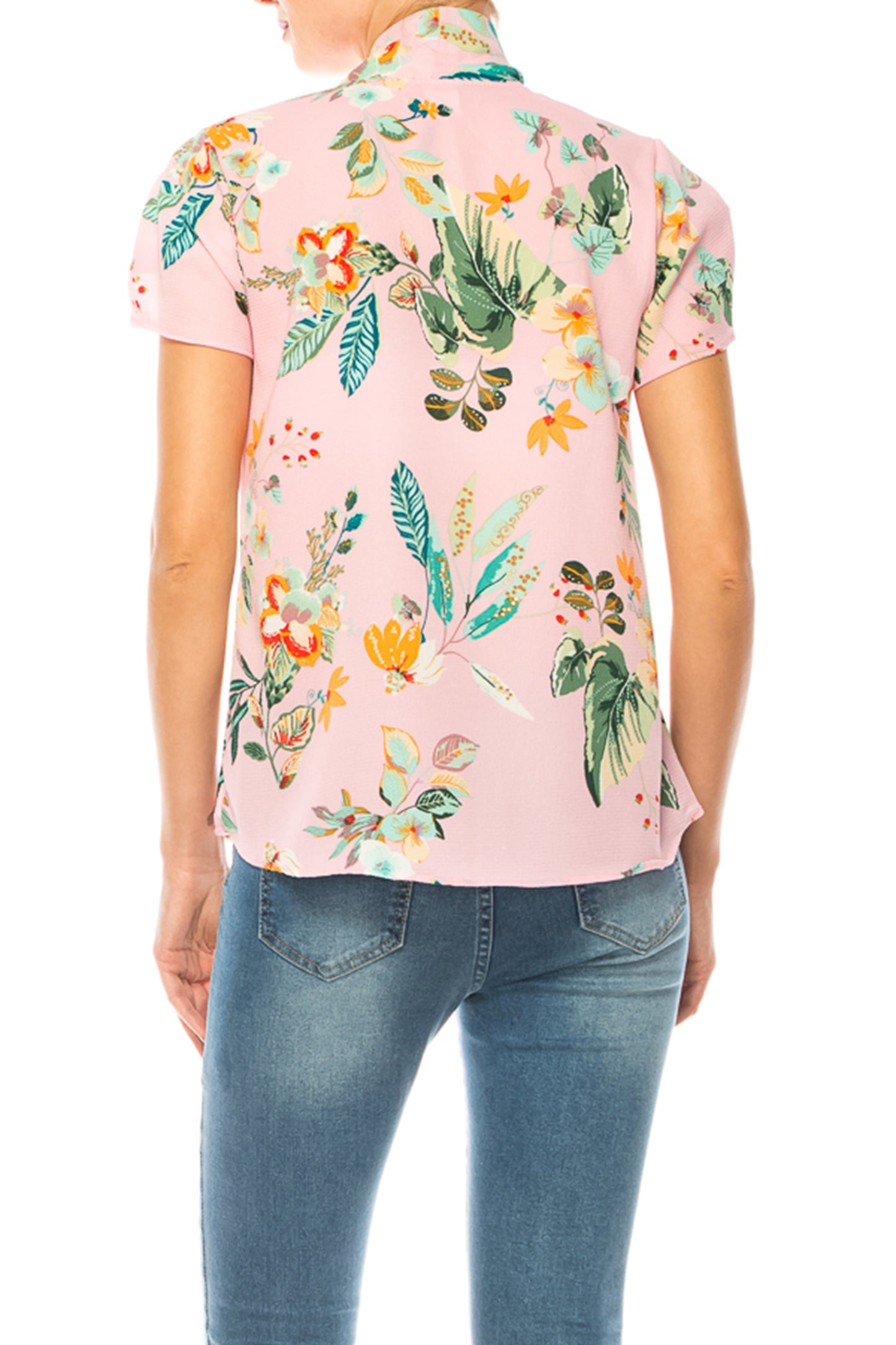 Women's Floral Print Overlapping Short Sleeve Top with Front Tie Collar