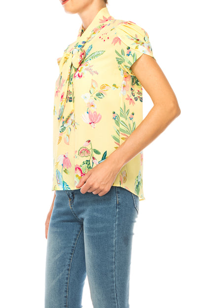 Women's Floral Print Overlapping Short Sleeve Top with Front Tie Collar