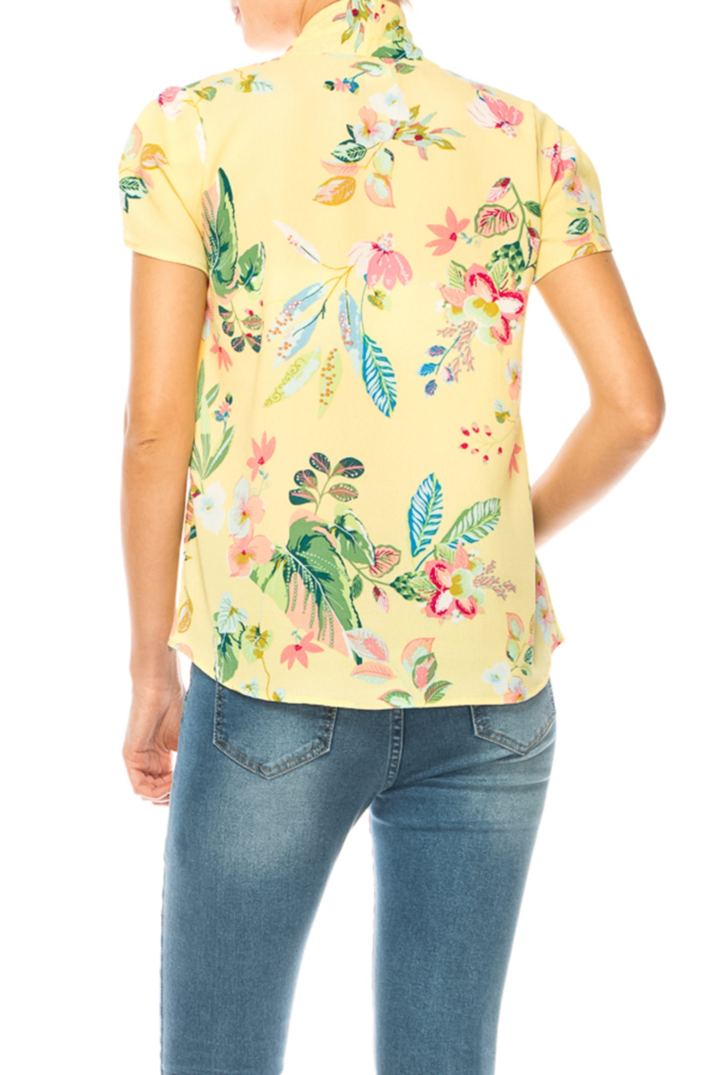 Women's Floral Print Overlapping Short Sleeve Top with Front Tie Collar