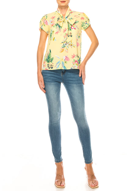 Women's Floral Print Overlapping Short Sleeve Top with Front Tie Collar