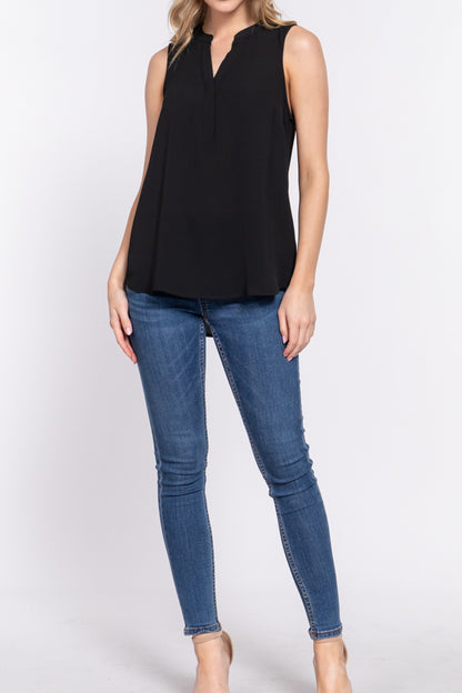 Women's Sleeveless Henley Neck Woven Top