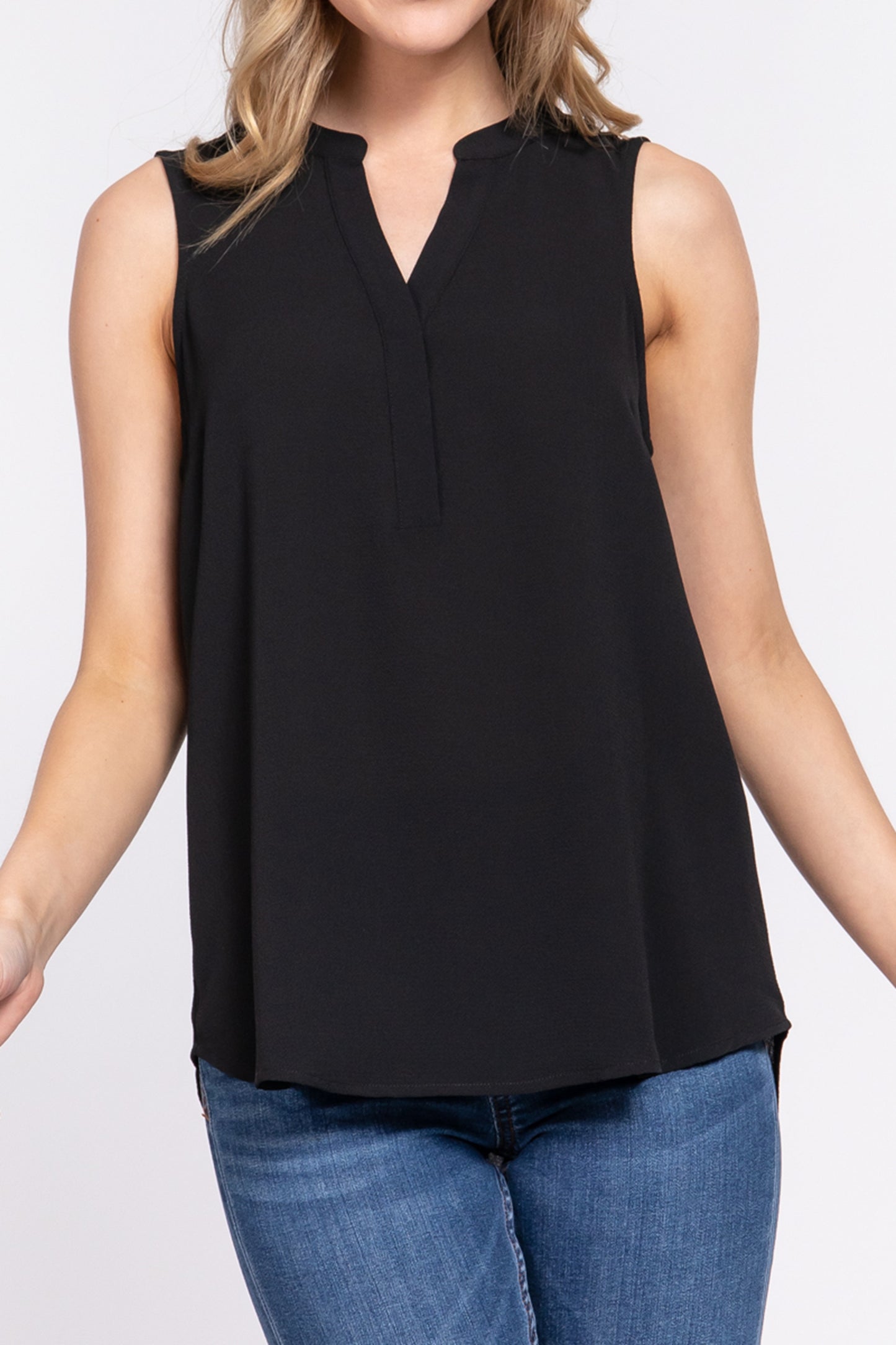 Women's Sleeveless Henley Neck Woven Top