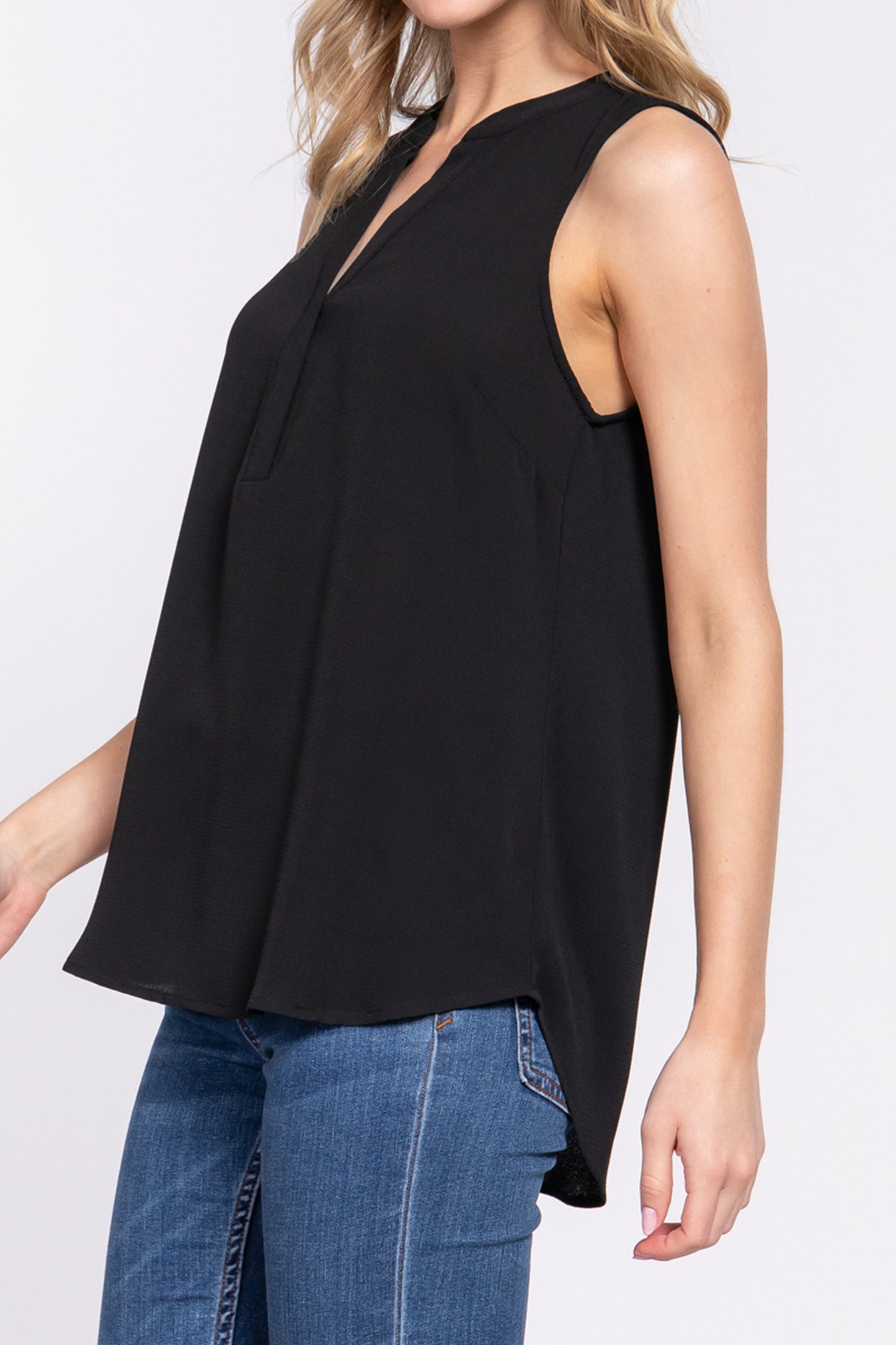 Women's Sleeveless Henley Neck Woven Top