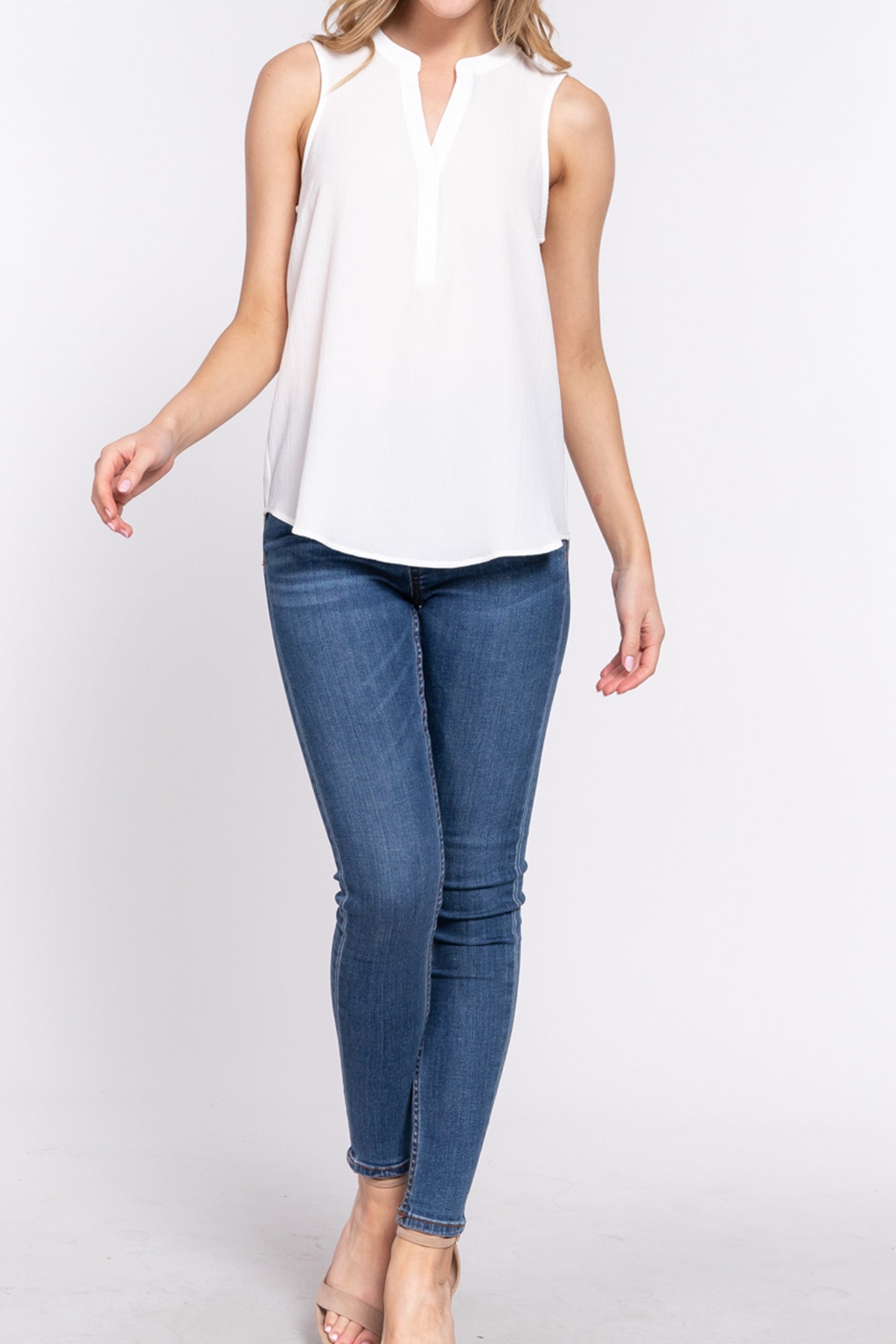 Women's Sleeveless Henley Neck Woven Top