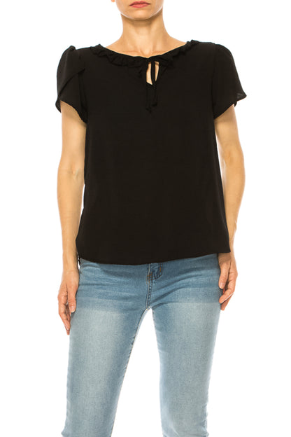 Women's Solid Overlapping Short Sleeve Top with Front Keyhole and Ruffle Accent