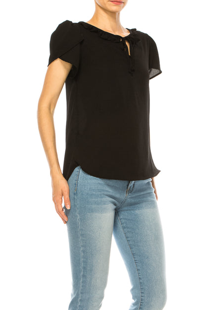 Women's Solid Overlapping Short Sleeve Top with Front Keyhole and Ruffle Accent