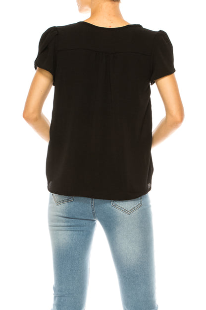 Women's Solid Overlapping Short Sleeve Top with Front Keyhole and Ruffle Accent