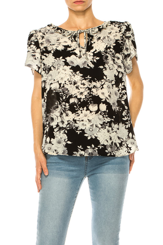 Women's Solid Overlapping Short Sleeve Top with Front Keyhole and Ruffle Accent