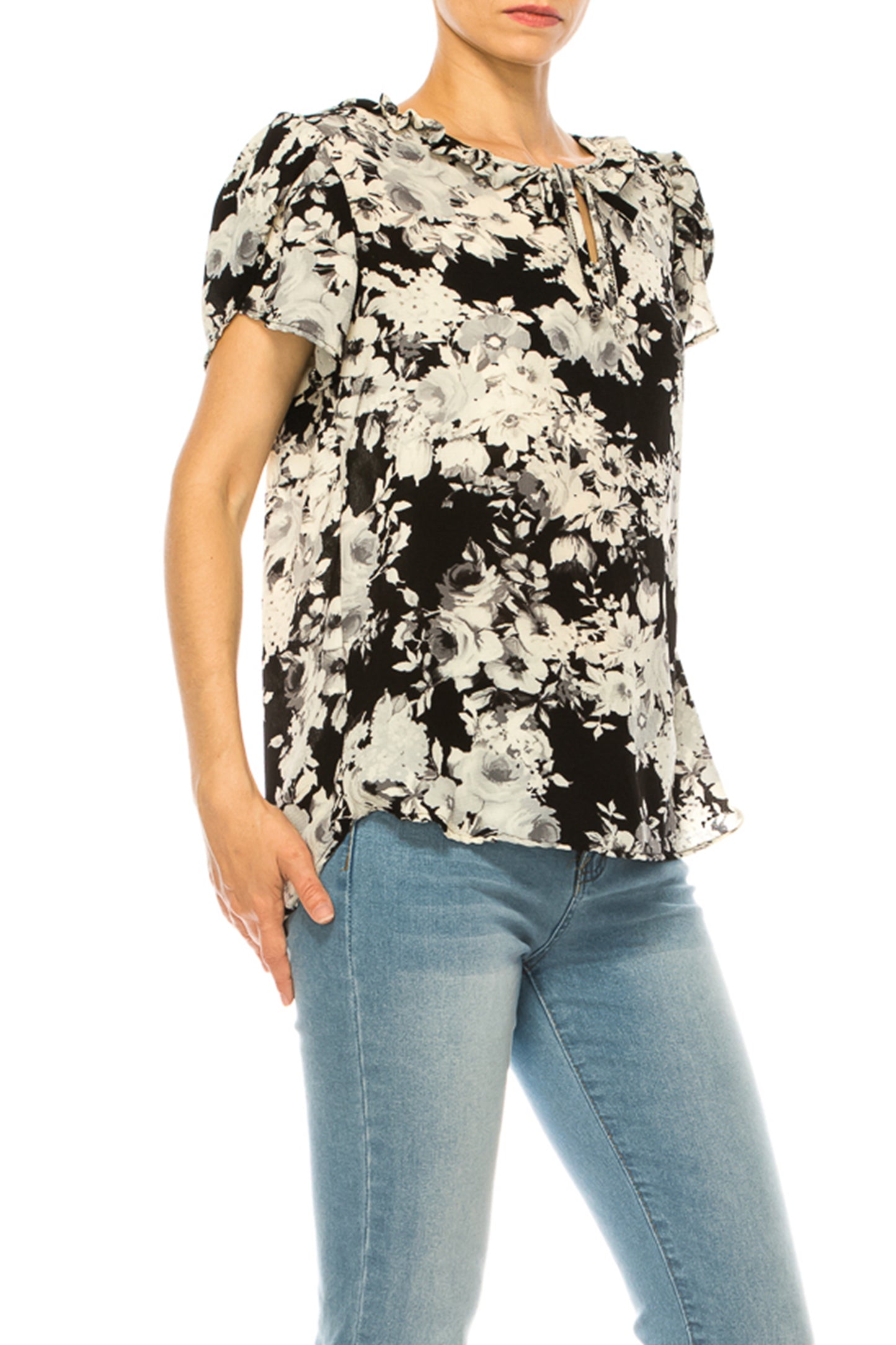 Women's Solid Overlapping Short Sleeve Top with Front Keyhole and Ruffle Accent