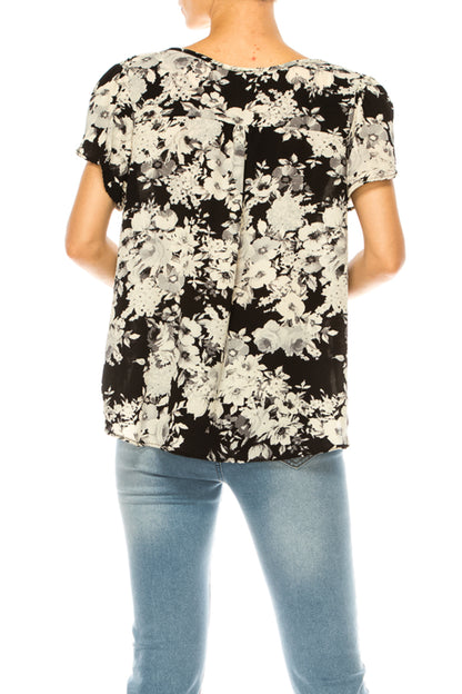 Women's Solid Overlapping Short Sleeve Top with Front Keyhole and Ruffle Accent