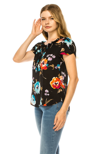 Women's Solid Overlapping Short Sleeve Top with Front Keyhole and Ruffle Accent