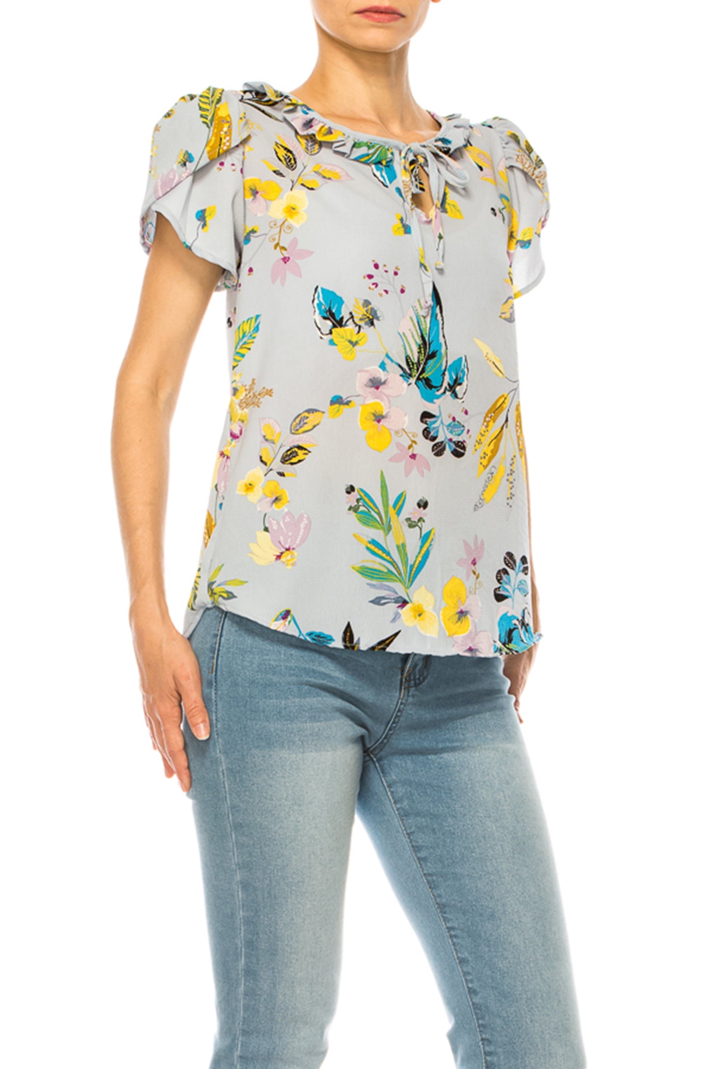 Women's Solid Overlapping Short Sleeve Top with Front Keyhole and Ruffle Accent