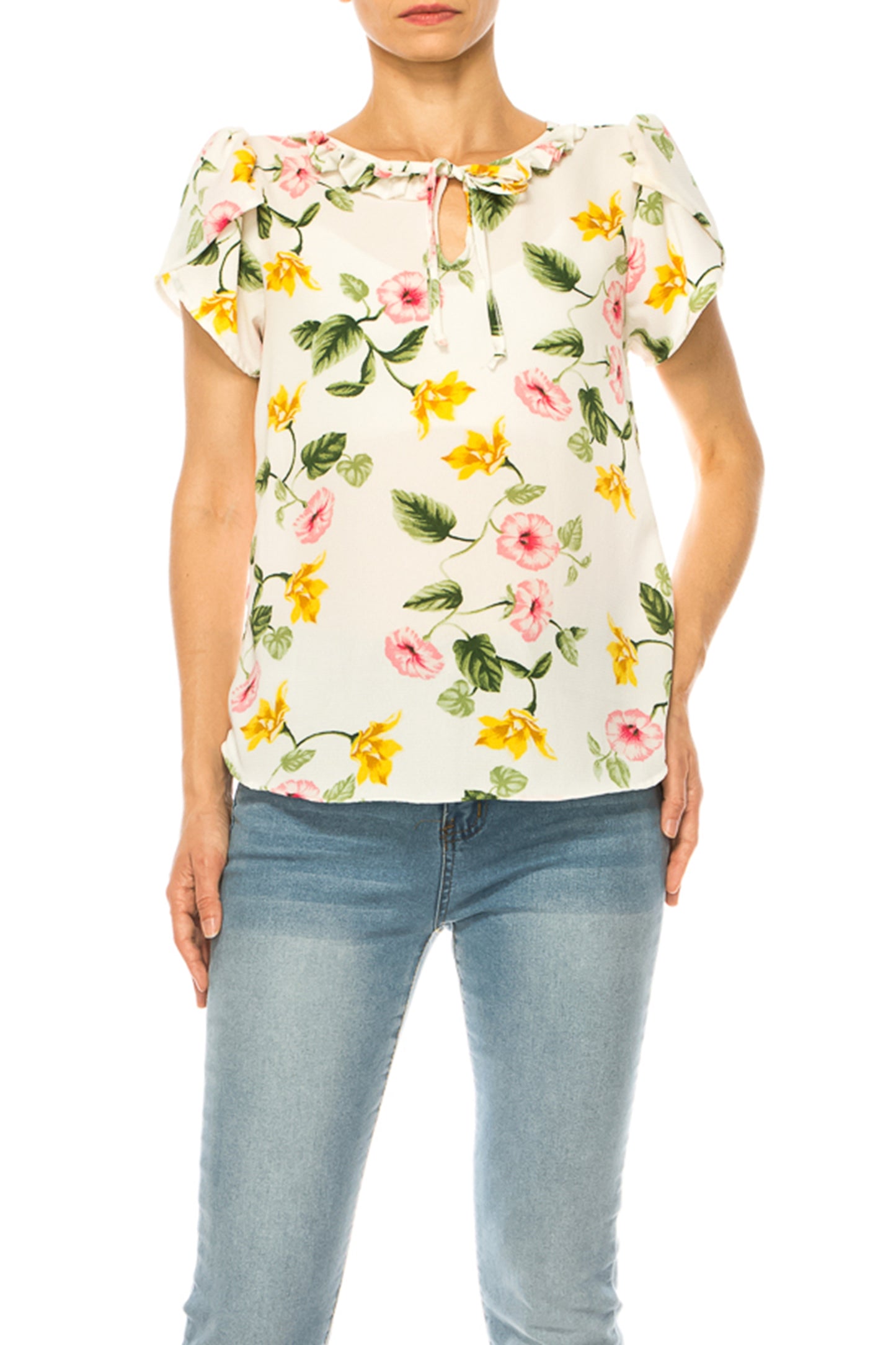 Women's Solid Overlapping Short Sleeve Top with Front Keyhole and Ruffle Accent