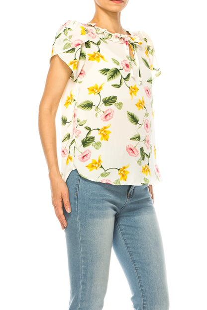 Women's Solid Overlapping Short Sleeve Top with Front Keyhole and Ruffle Accent