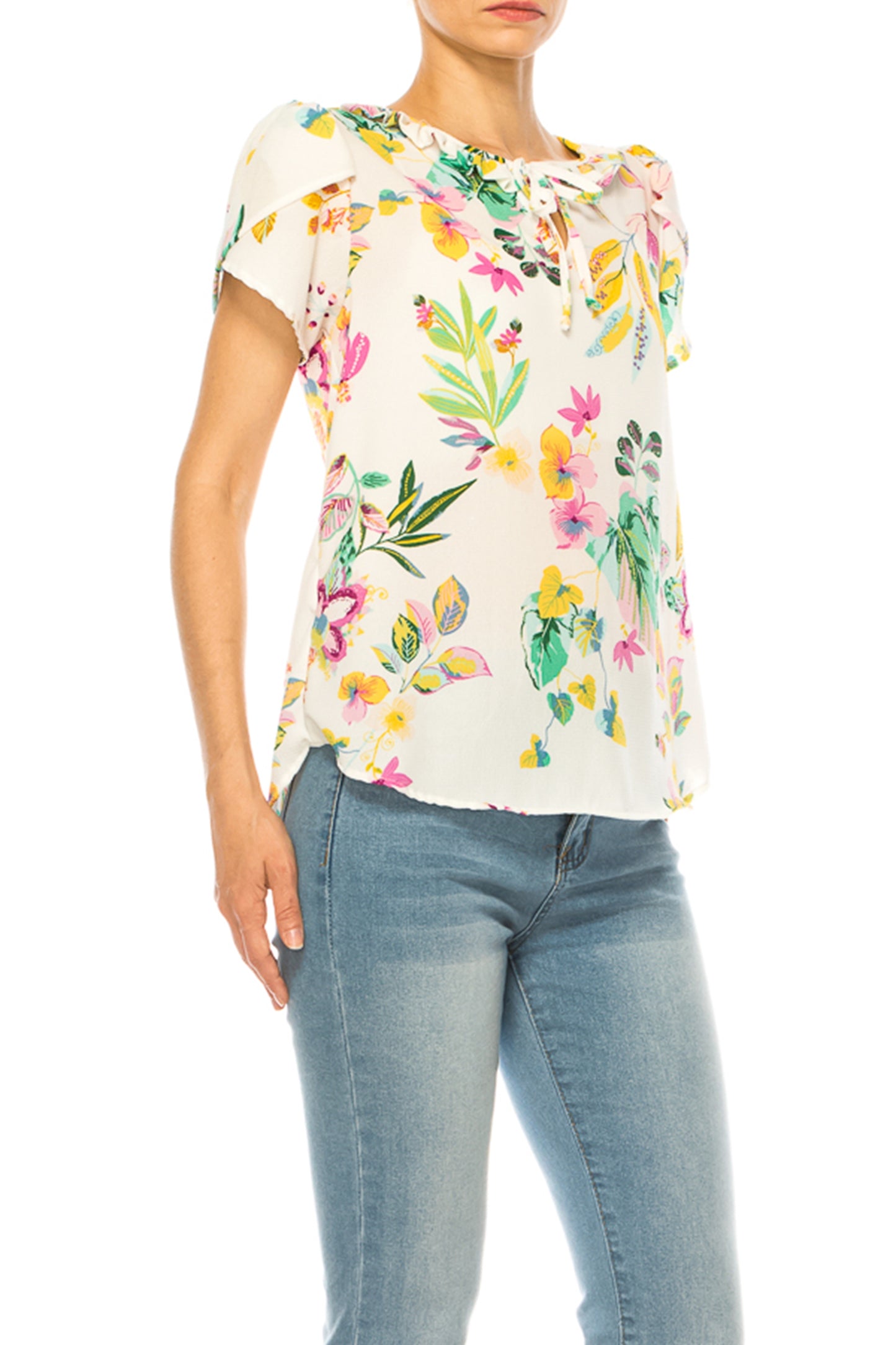 Women's Solid Overlapping Short Sleeve Top with Front Keyhole and Ruffle Accent