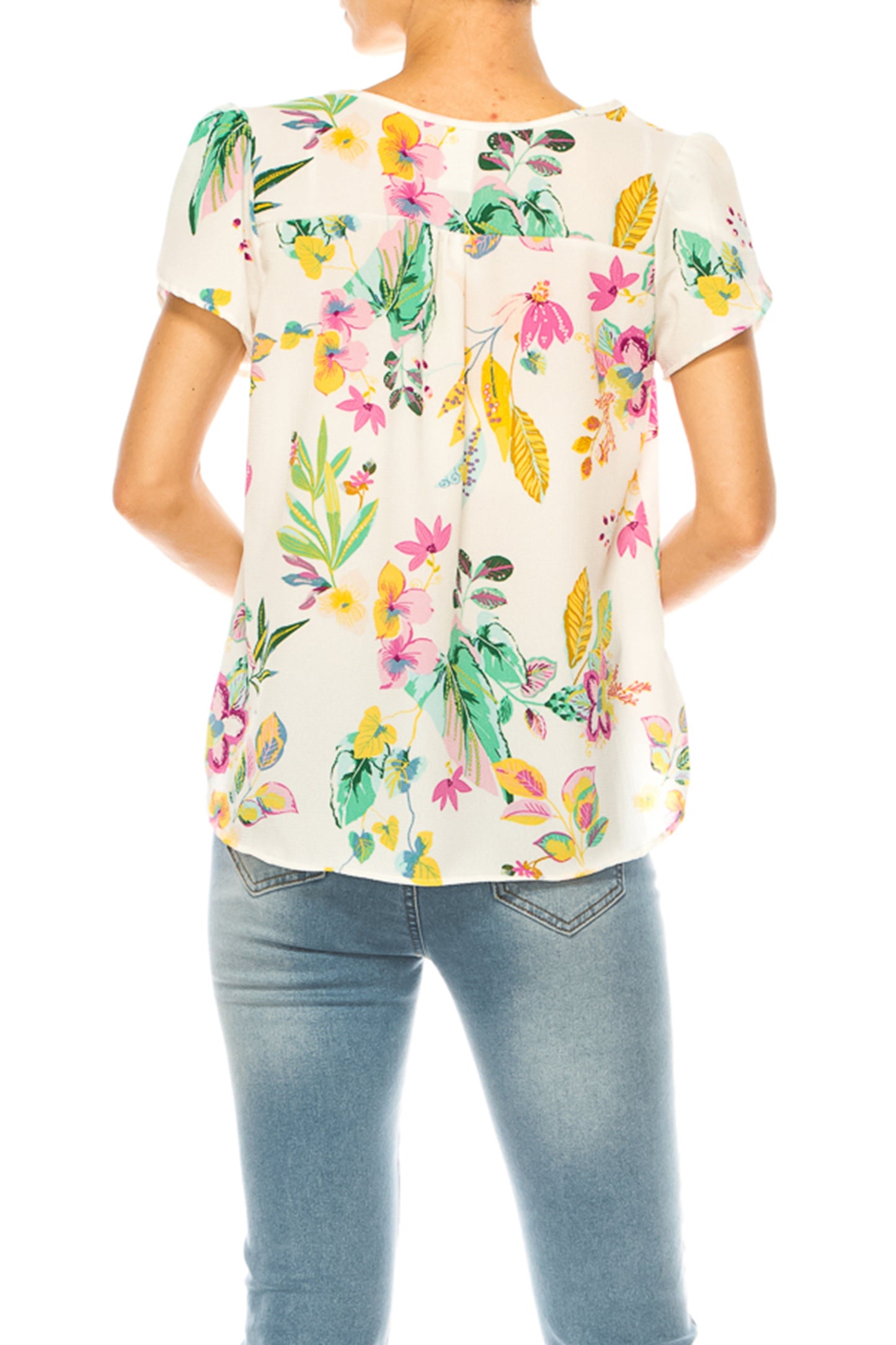 Women's Solid Overlapping Short Sleeve Top with Front Keyhole and Ruffle Accent