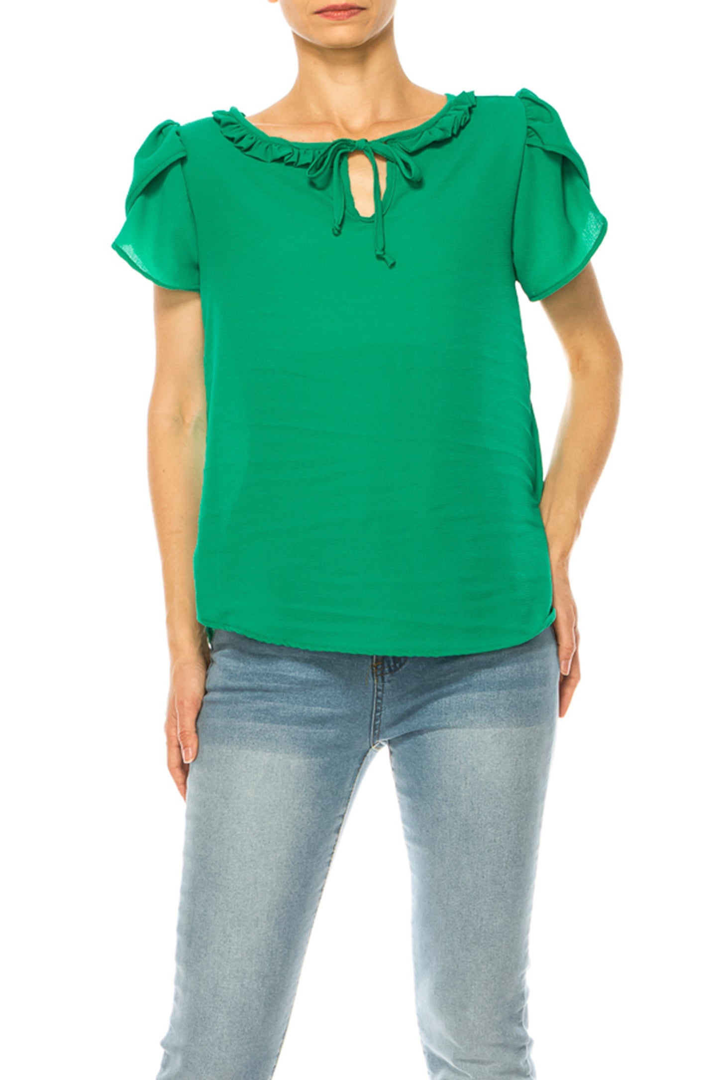 Women's Solid Overlapping Short Sleeve Top with Front Keyhole and Ruffle Accent