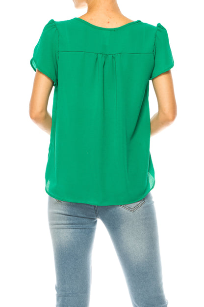 Women's Solid Overlapping Short Sleeve Top with Front Keyhole and Ruffle Accent