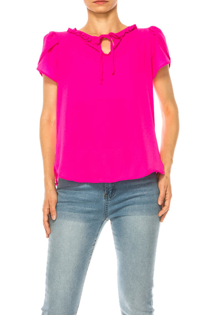 Women's Solid Overlapping Short Sleeve Top with Front Keyhole and Ruffle Accent