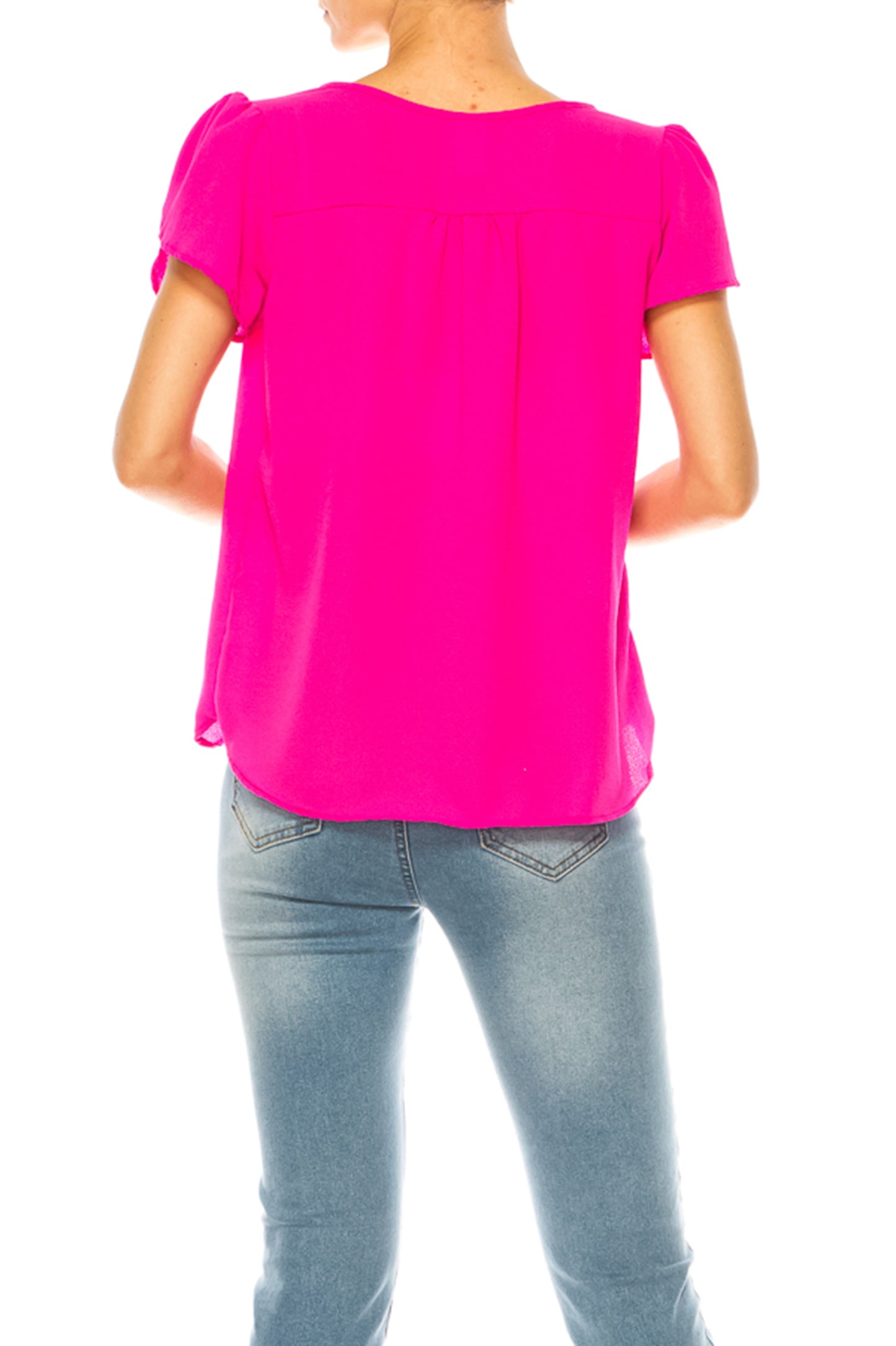 Women's Solid Overlapping Short Sleeve Top with Front Keyhole and Ruffle Accent