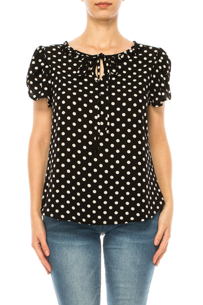 Women's Solid Overlapping Short Sleeve Top with Front Keyhole and Ruffle Accent