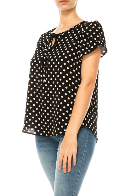 Women's Solid Overlapping Short Sleeve Top with Front Keyhole and Ruffle Accent