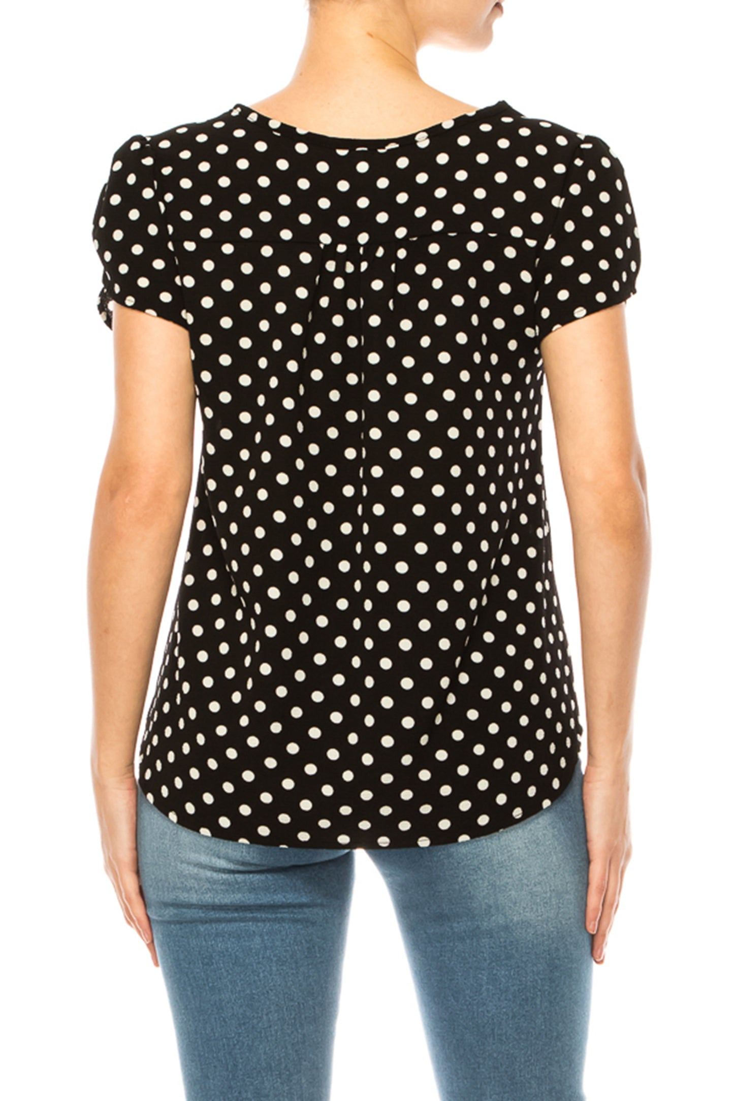 Women's Solid Overlapping Short Sleeve Top with Front Keyhole and Ruffle Accent