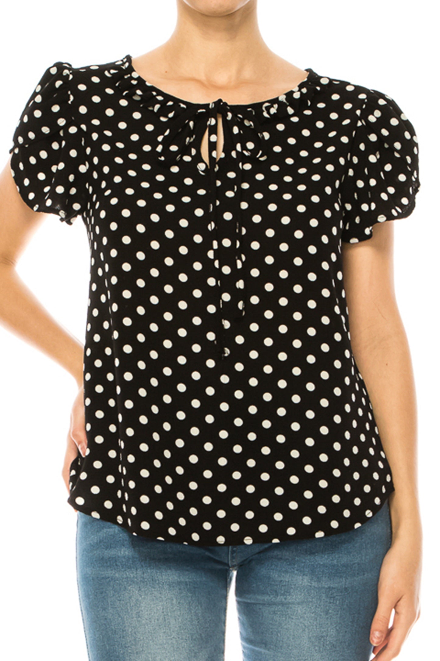 Women's Solid Overlapping Short Sleeve Top with Front Keyhole and Ruffle Accent