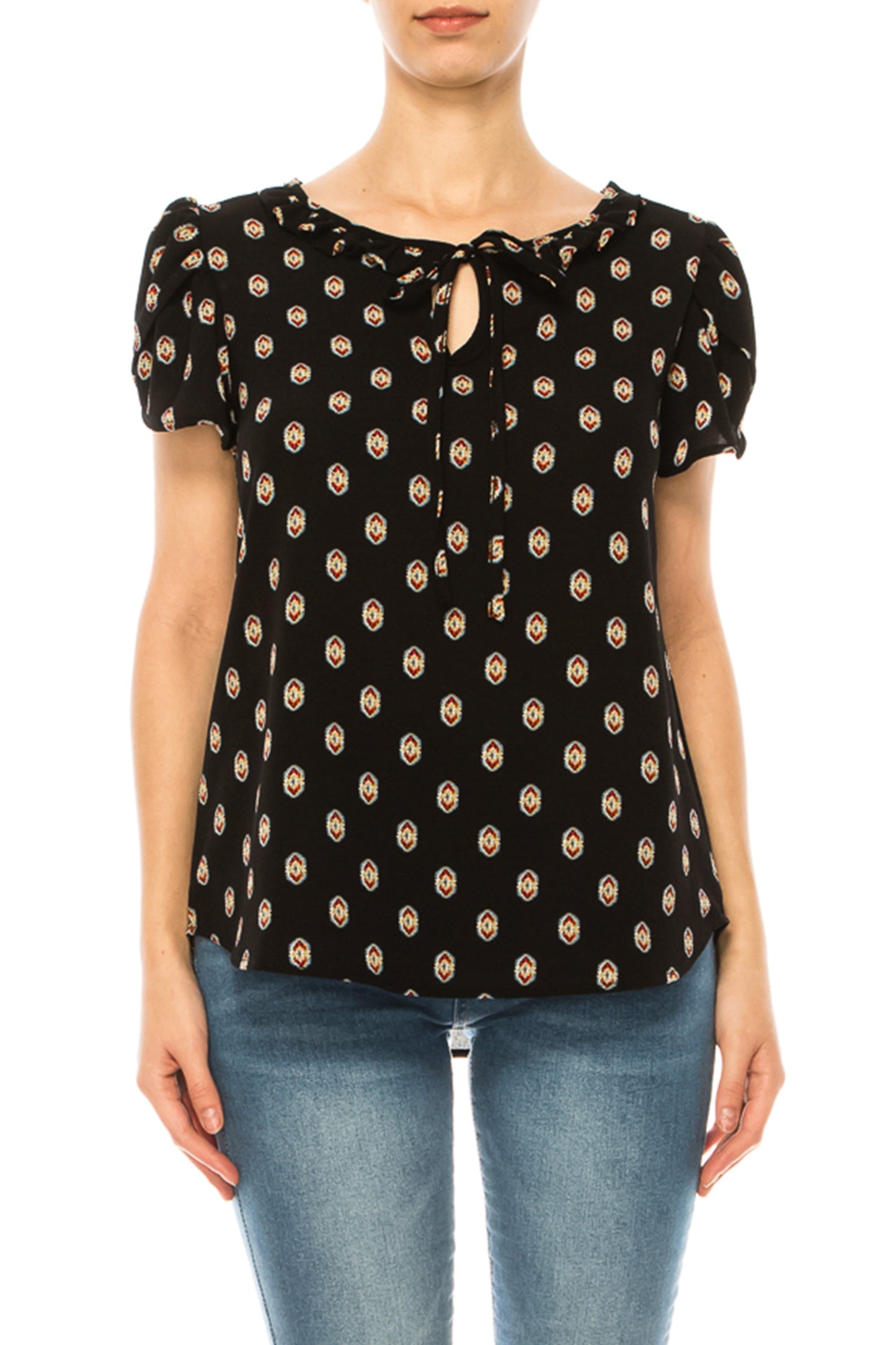 Women's Solid Overlapping Short Sleeve Top with Front Keyhole and Ruffle Accent