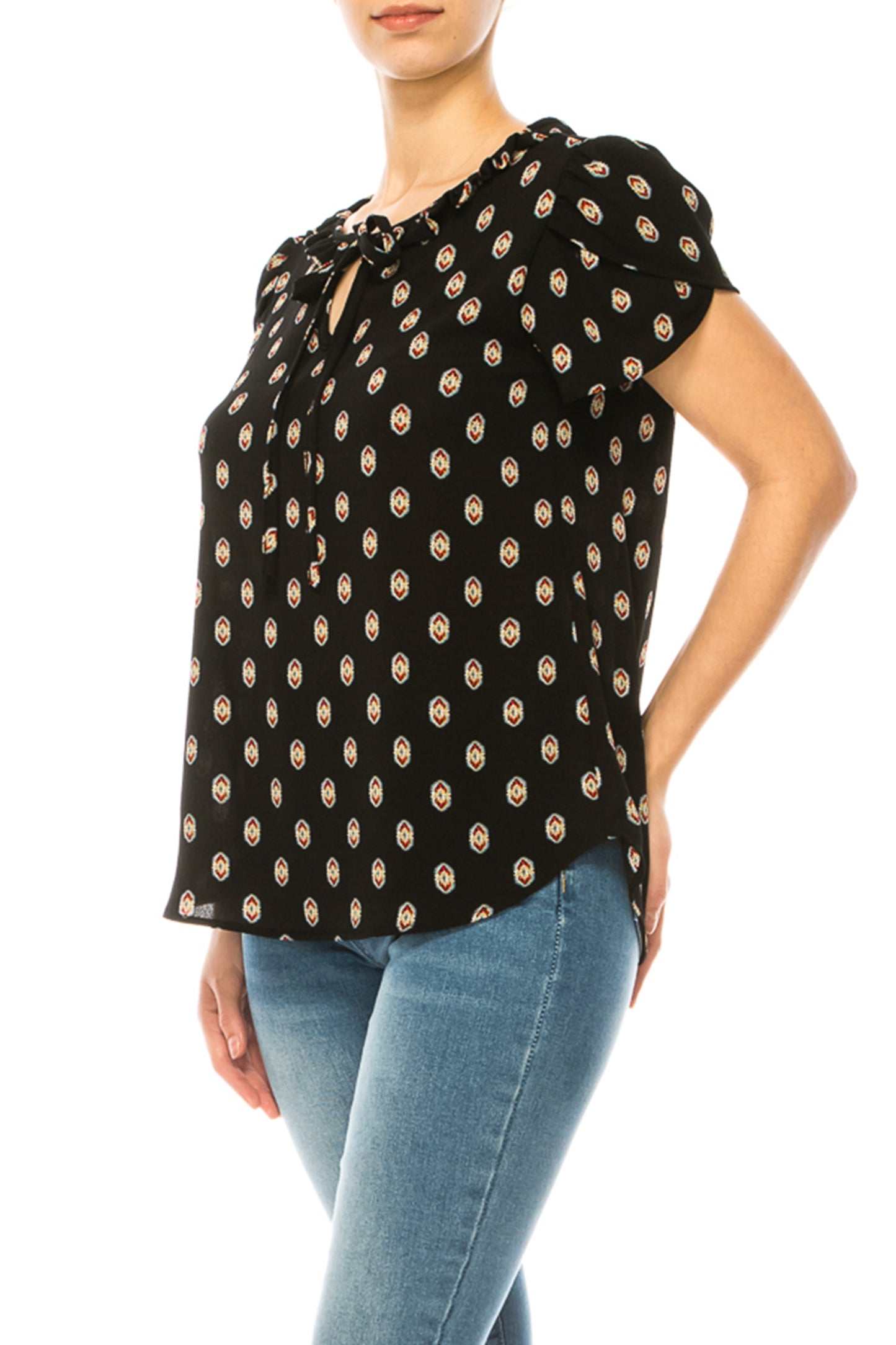 Women's Solid Overlapping Short Sleeve Top with Front Keyhole and Ruffle Accent