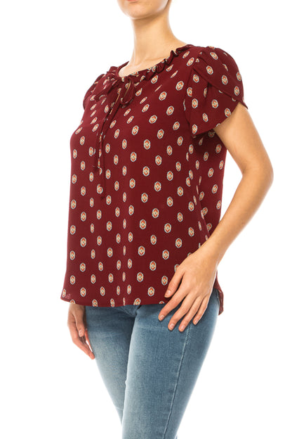 Women's Solid Overlapping Short Sleeve Top with Front Keyhole and Ruffle Accent