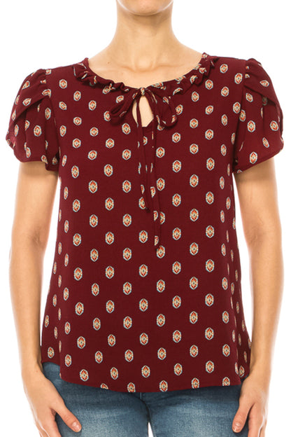 Plus size Solid Overlapping Short Sleeve Top with Front Keyhole and Ruffle Accent