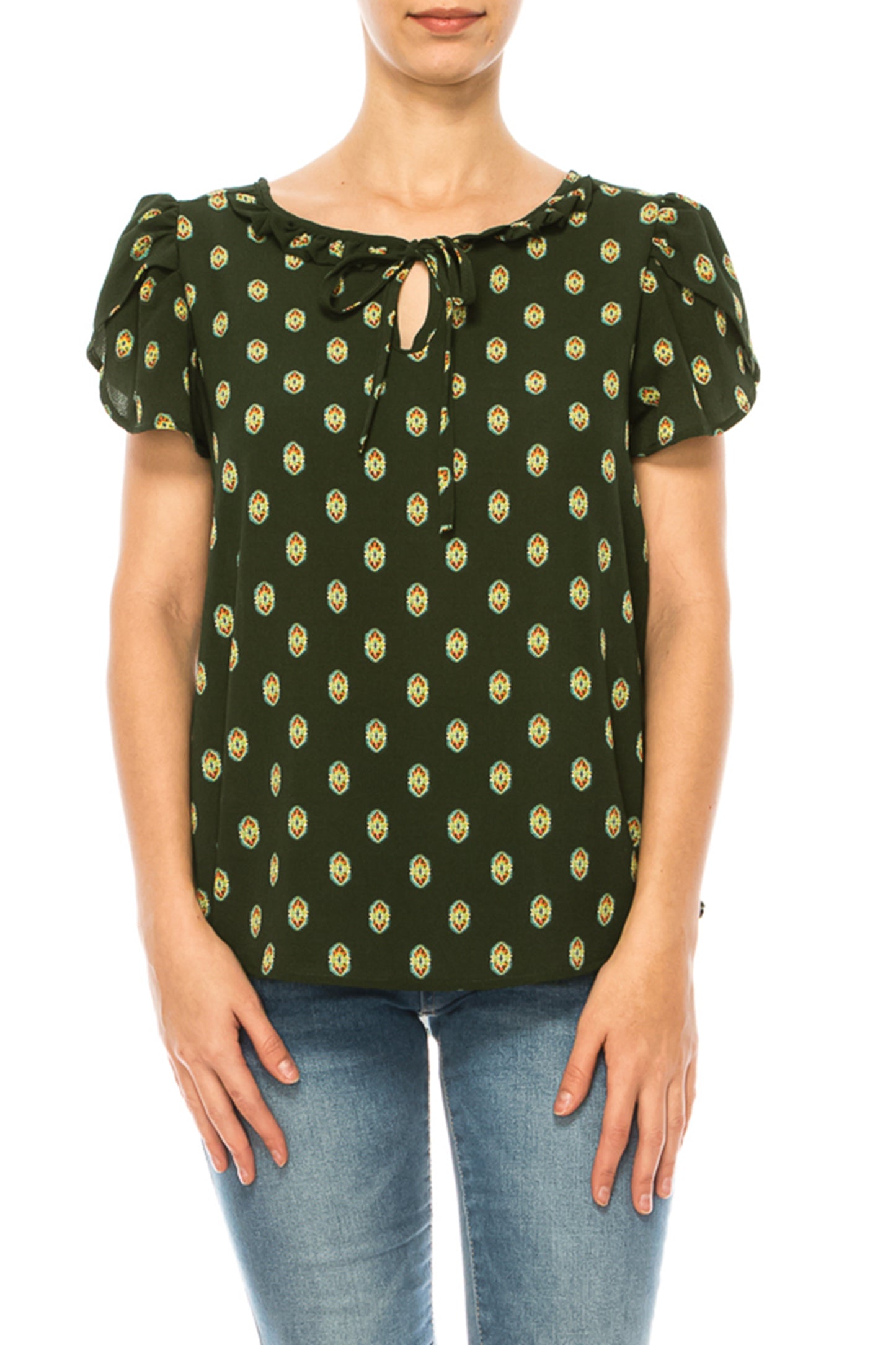 Women's Solid Overlapping Short Sleeve Top with Front Keyhole and Ruffle Accent