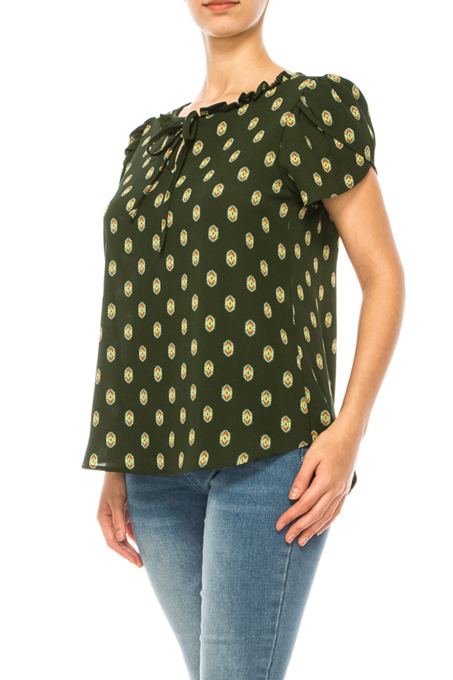 Women's Solid Overlapping Short Sleeve Top with Front Keyhole and Ruffle Accent