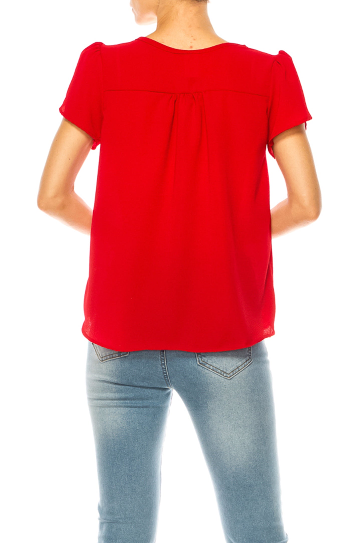 Women's Solid Overlapping Short Sleeve Top with Front Keyhole and Ruffle Accent