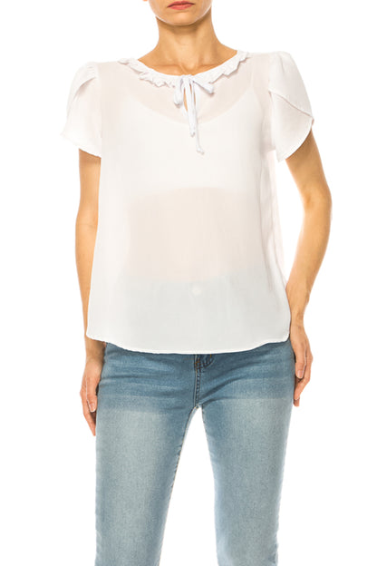 Women's Solid Overlapping Short Sleeve Top with Front Keyhole and Ruffle Accent