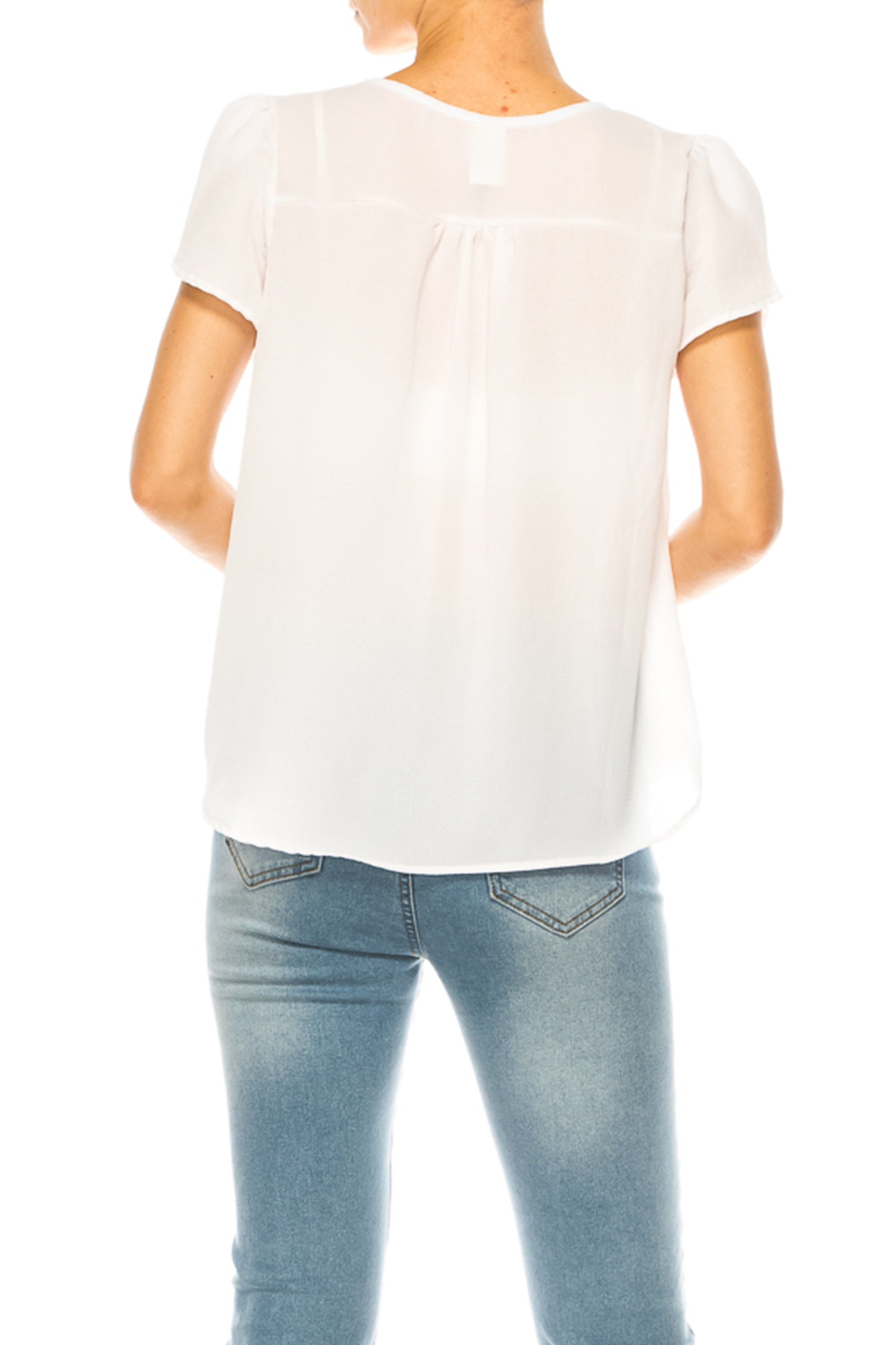 Women's Solid Overlapping Short Sleeve Top with Front Keyhole and Ruffle Accent