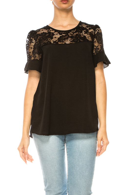 Women's Classic Solid Top with Lace Accent  Casual and Elegant